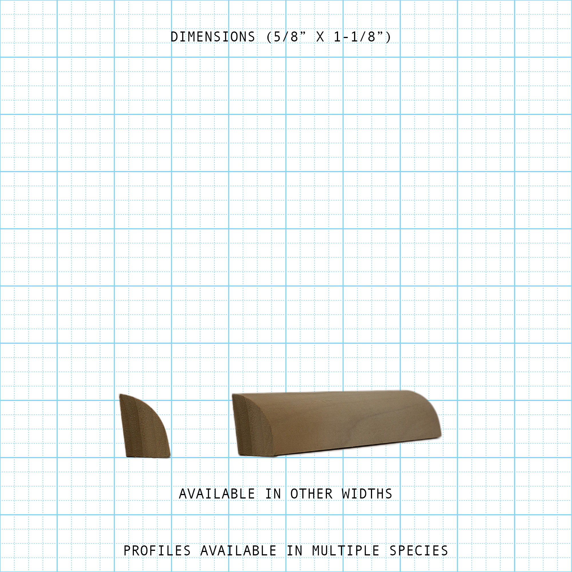 Wood bead cove moulding profile, dimensions 5/8 x 1-1/8 inches.
