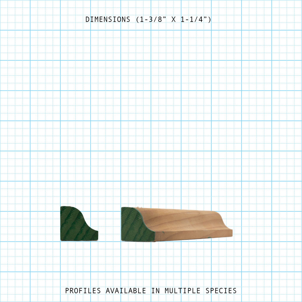 Bead cove wood molding profile with 1-3/8" x 1-1/4" dimensions, available in multiple species.