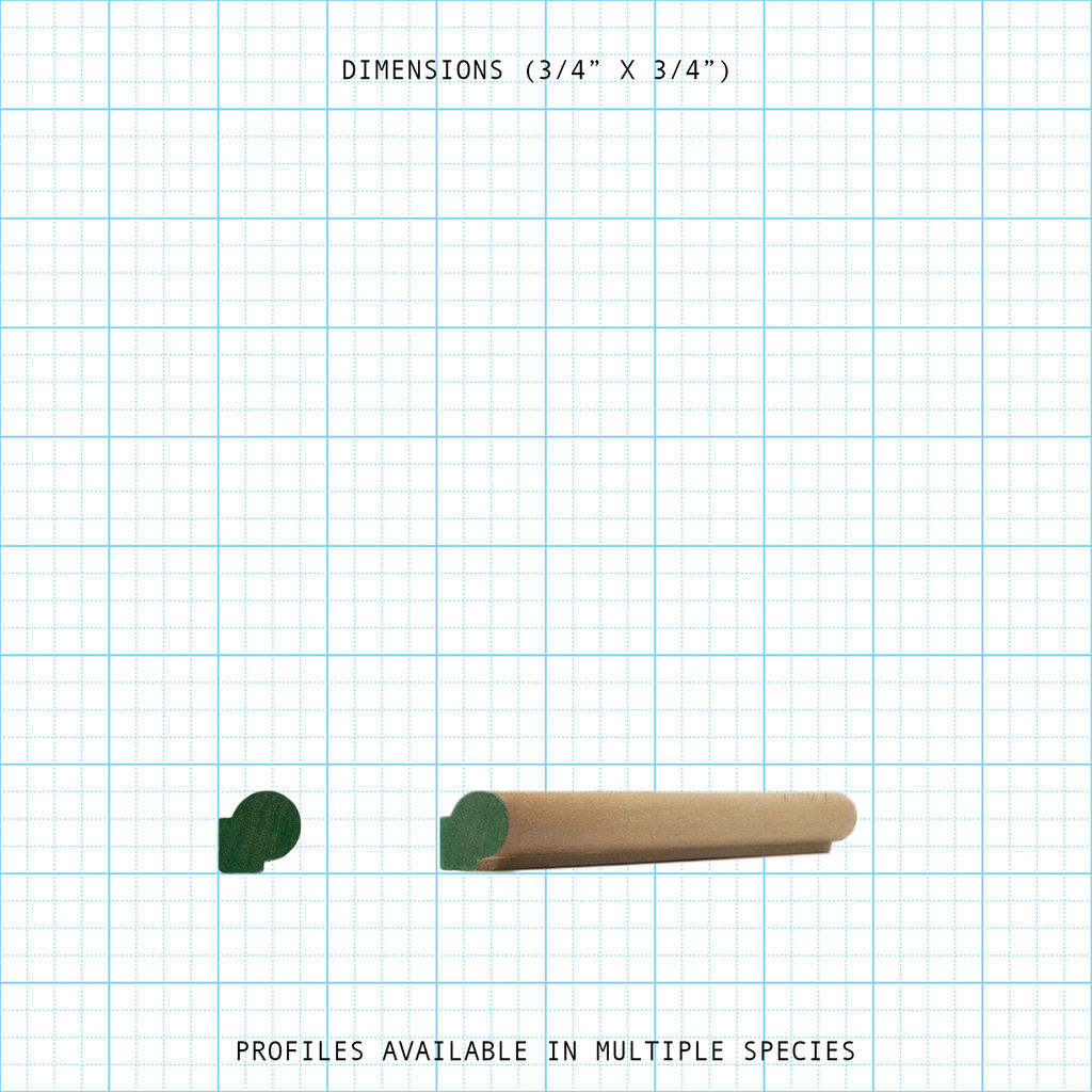 Bead cove molding profile, 3/4" x 3/4" dimensions, available in multiple species.