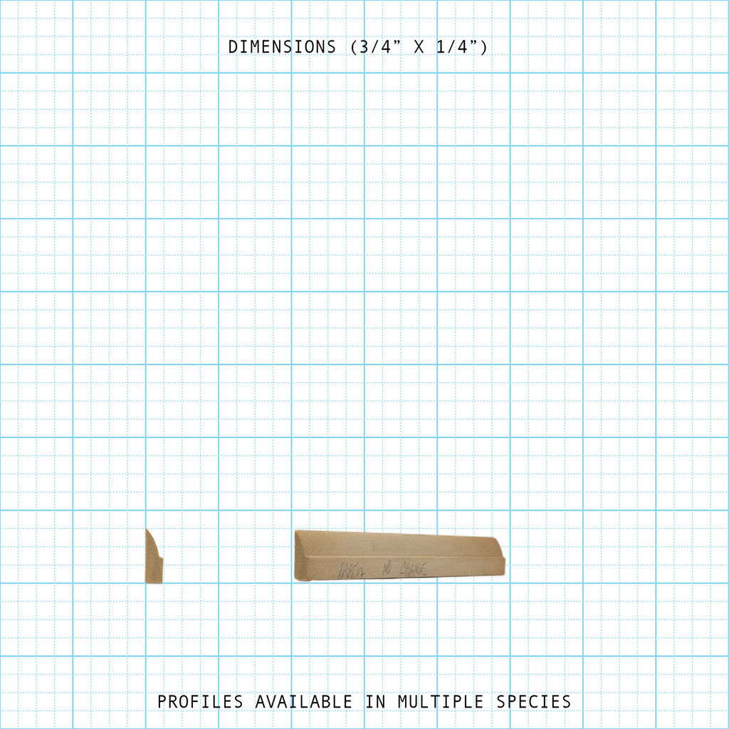 Bead and cove molding profiles, 3/4" x 1/4" dimensions, available in various species.
