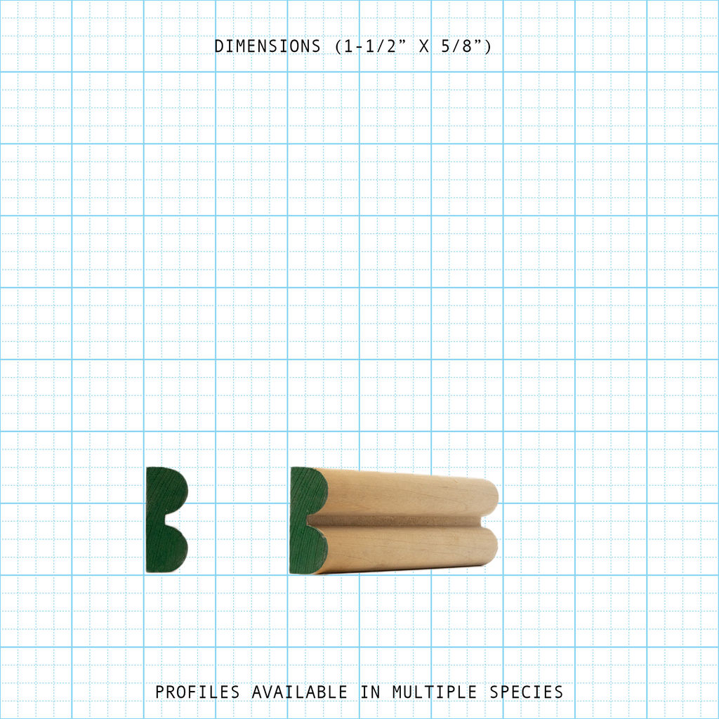 Wood bead cove molding profile showing 1-1/2" x 5/8" dimensions