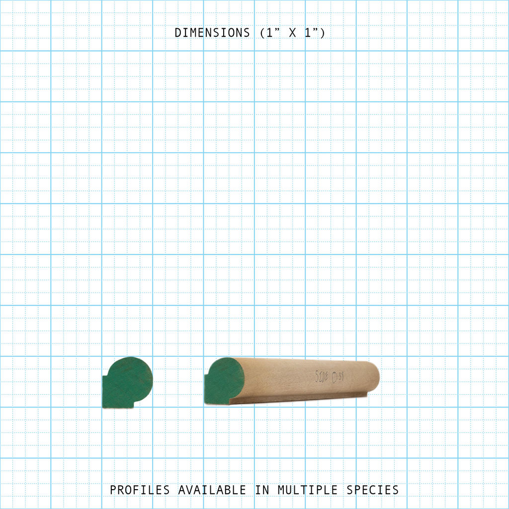 1x1 bead cove wood molding profile showing cross-section and length. Available in multiple species.