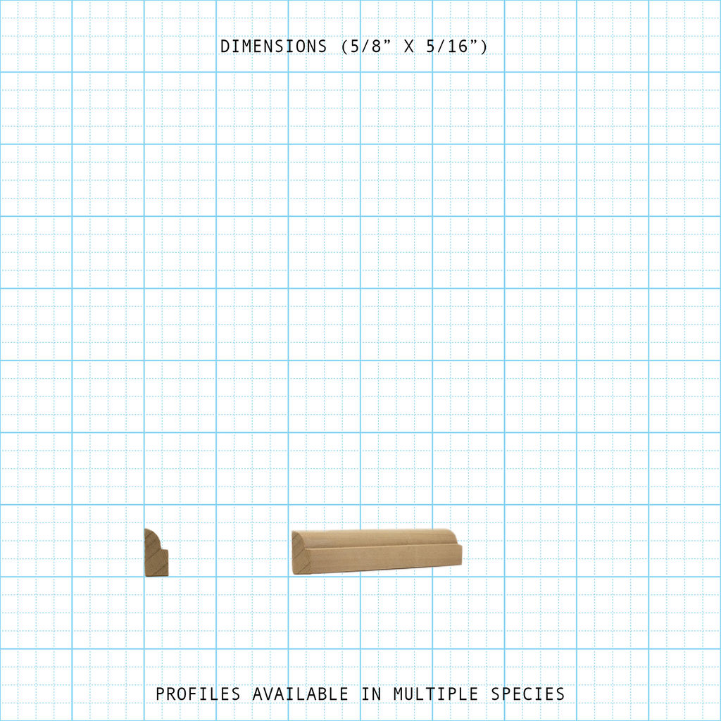 Wooden bead cove molding profile, 5/8" x 5/16" dimensions, shown on a grid.