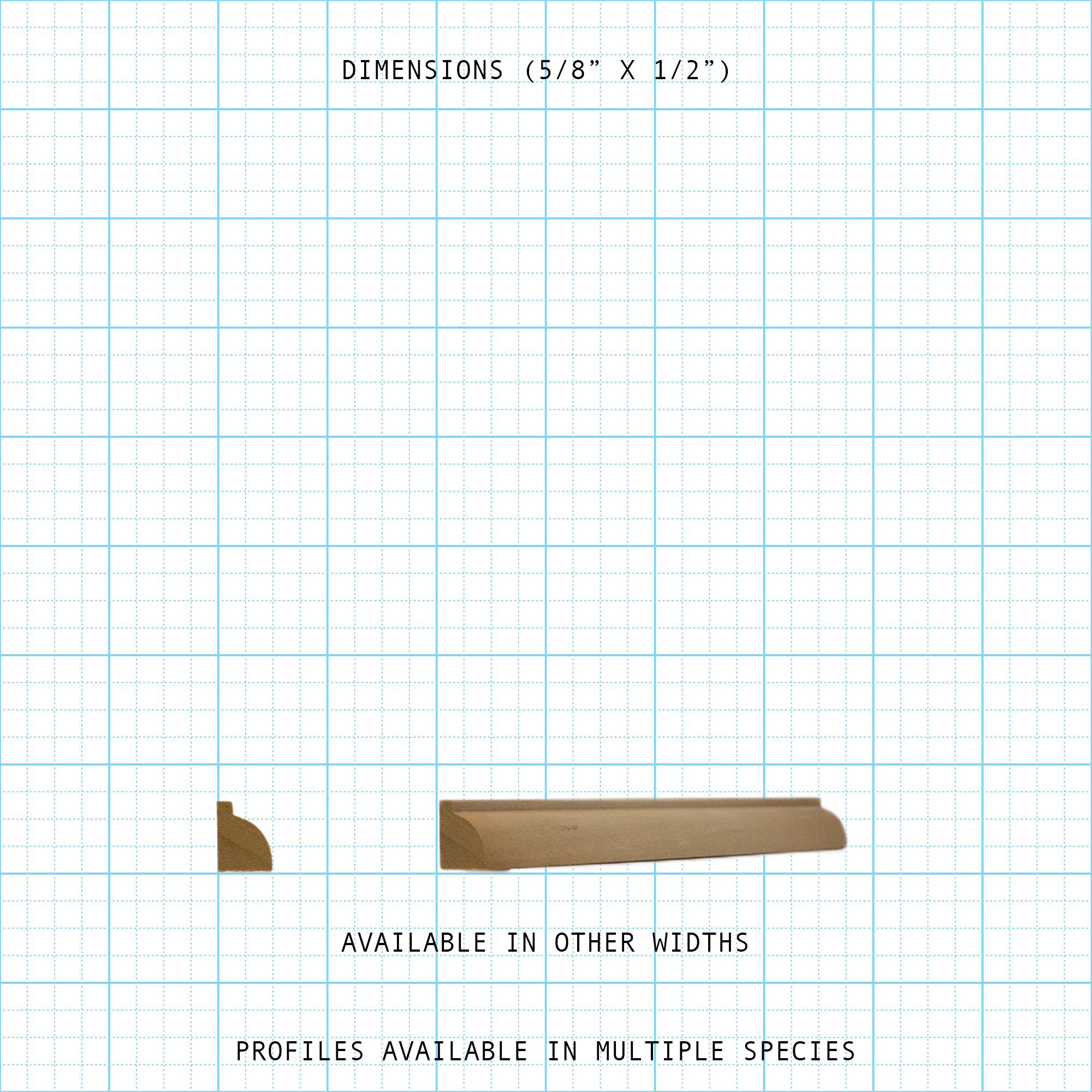 5/8" x 1/2" bead cove molding profile showing cross-section and length on a grid background.