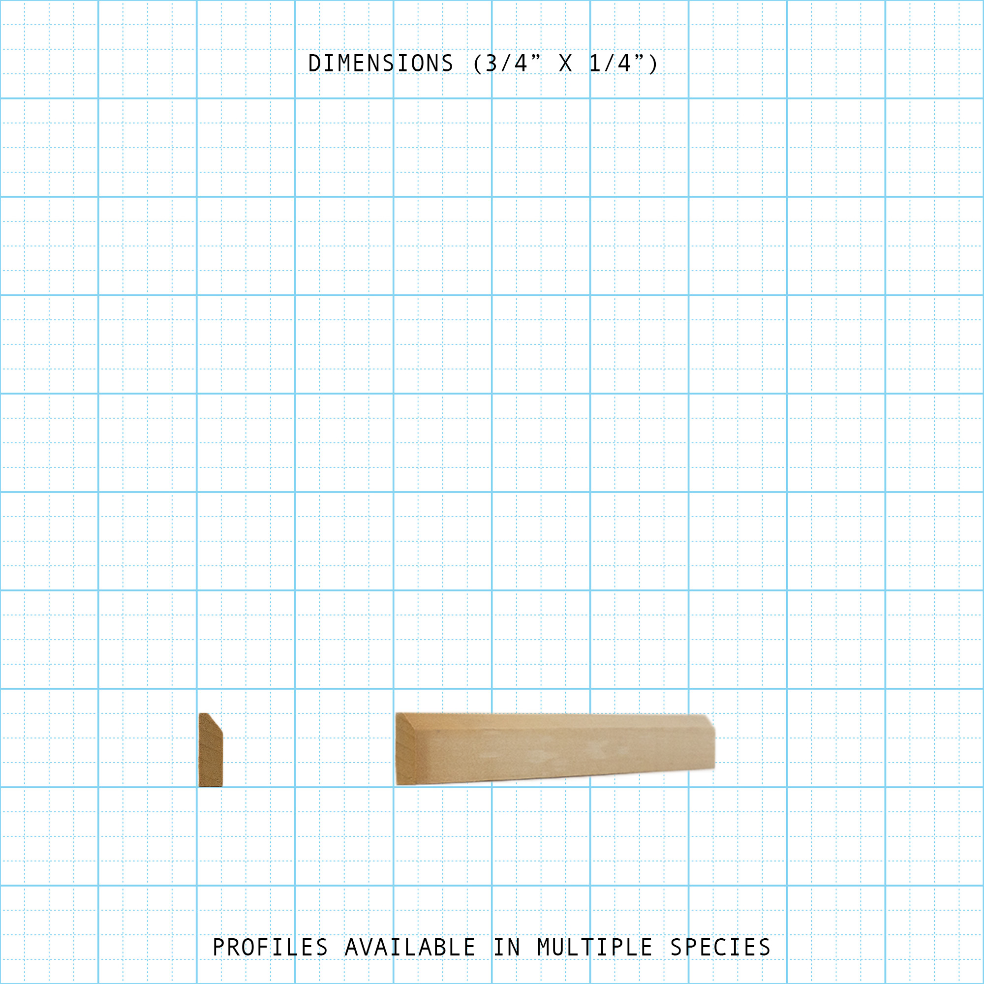 Bead cove wood molding profile (3/4" x 1/4") illustration, available in multiple species.