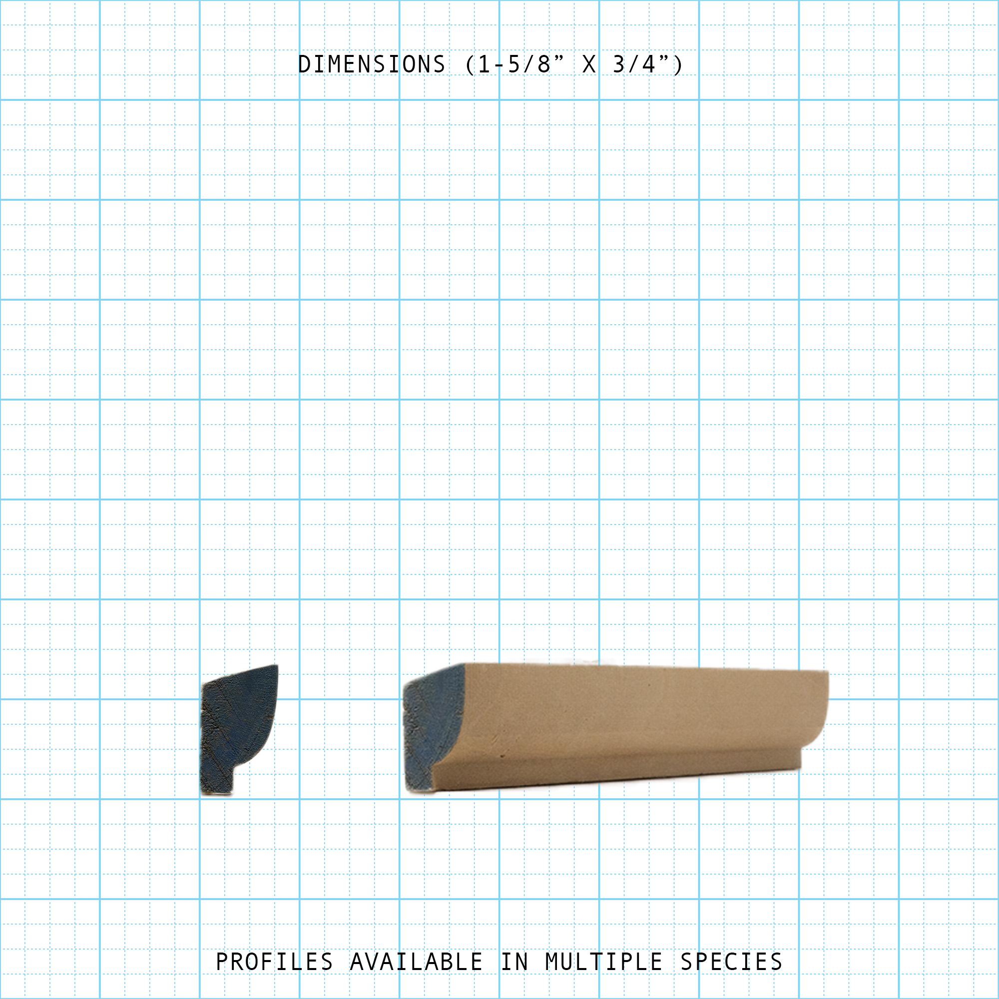Bead cove molding profile showing dimensions 1-5/8" x 3/4" and cross-section view.