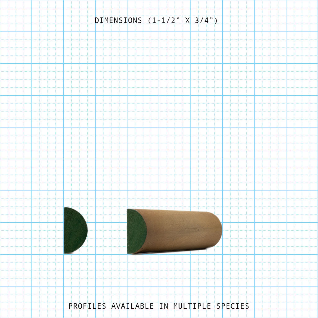 Bead cove wood molding profile with 1-1/2" x 3/4" dimensions shown on grid.