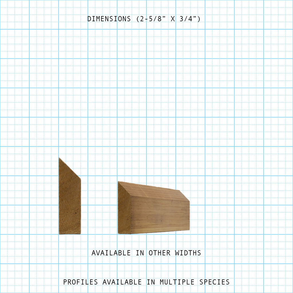 Wood bead cove molding profile, 2-5/8" x 3/4", with available widths and species details.
