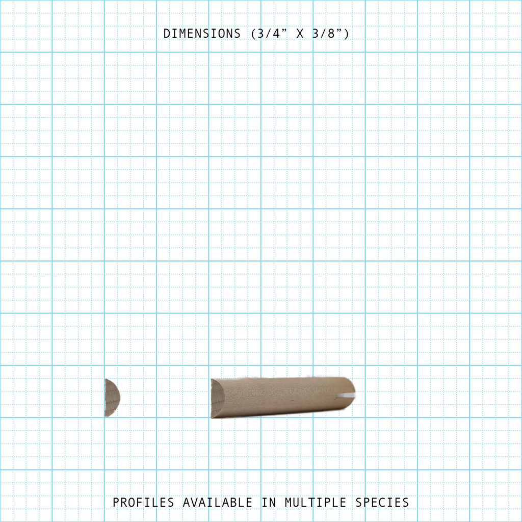 Bead cove molding profile with 3/4" x 3/8" dimensions, available in multiple species.