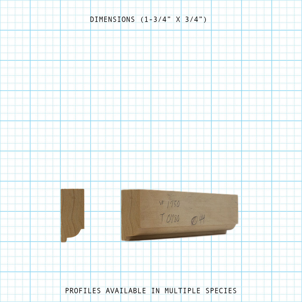 Two wooden bead cove molding profiles, 1-3/4" x 3/4" dimensions, on a measurement grid.