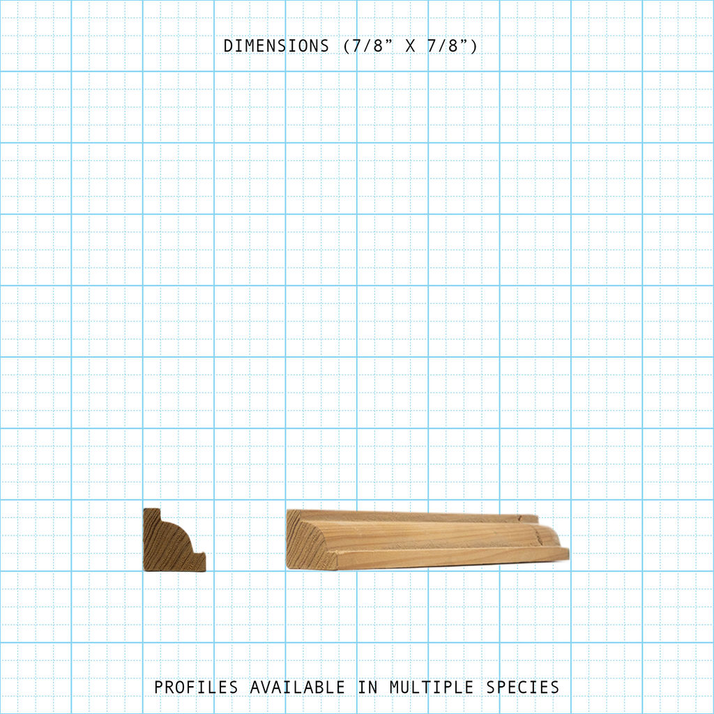 Wooden bead cove molding profile, 7/8" x 7/8" dimensions.
