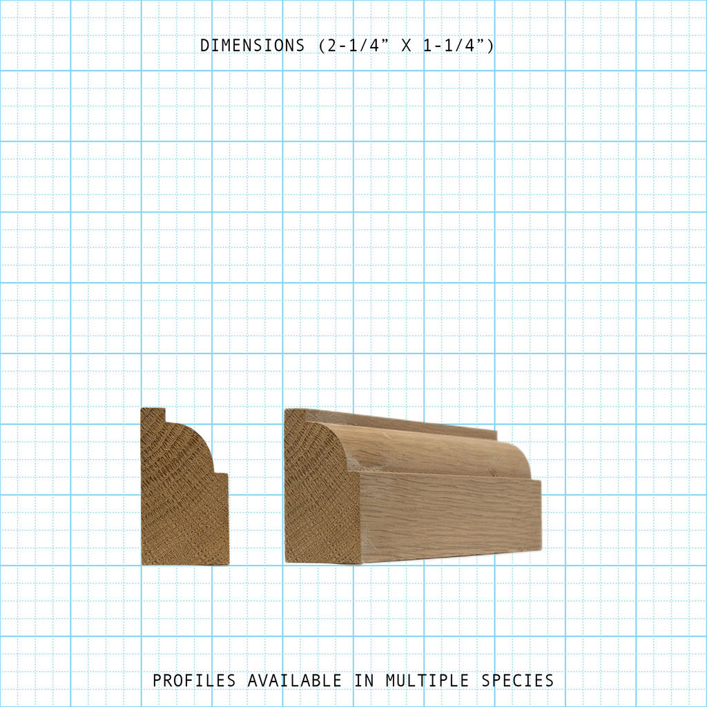 Bead cove wood molding, showing profile and length, with dimensions 2-1/4" x 1-1/4".