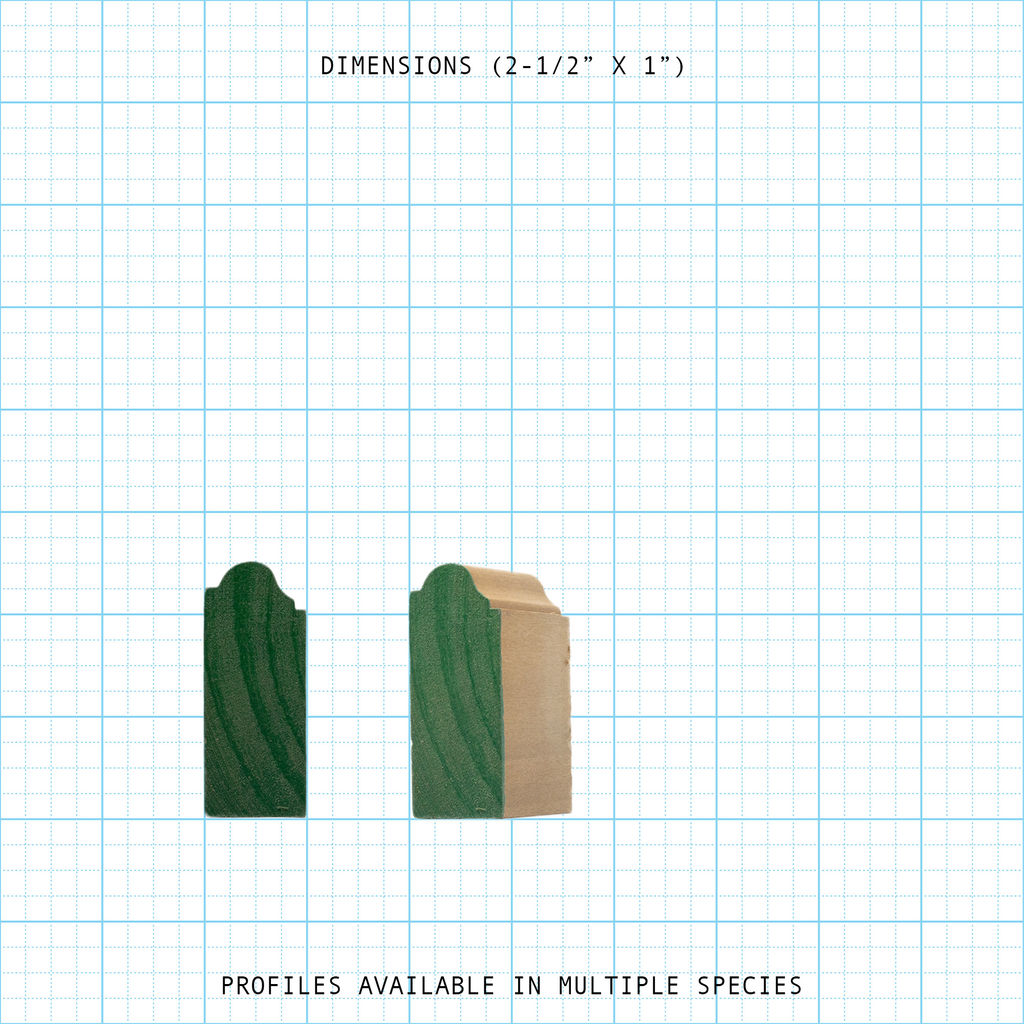 Wood molding profile, bead cove style, with dimensions 2-1/2" x 1" shown on a grid.