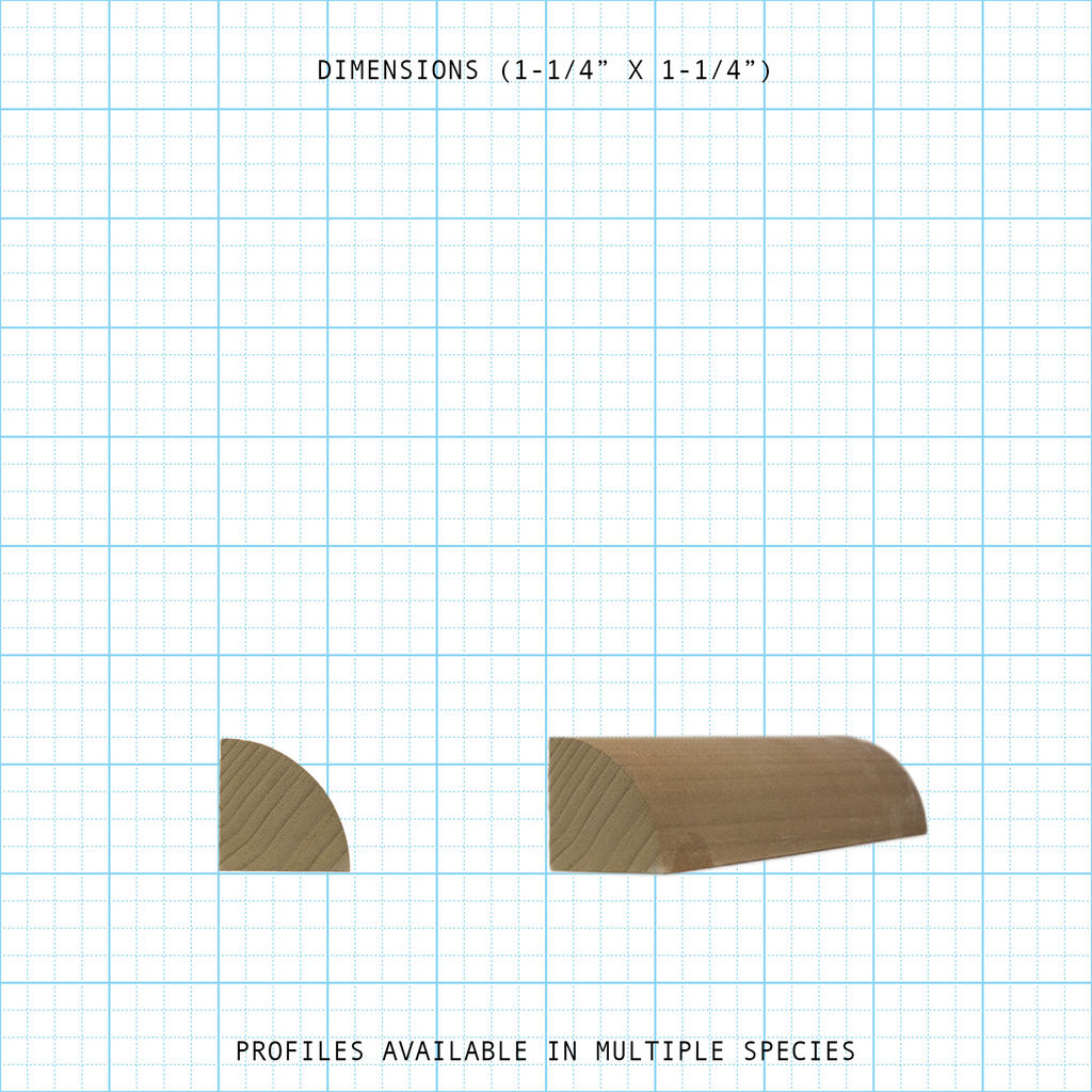 Wooden bead cove molding profile, 1-1/4" x 1-1/4" dimensions, with cross-section and length views.