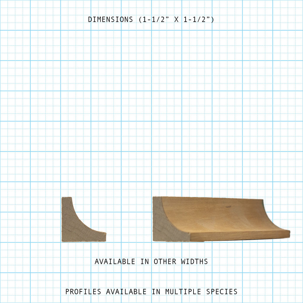 Detailed view of 1-1/2" x 1-1/2" bead cove molding, showing its curved profile on a grid.