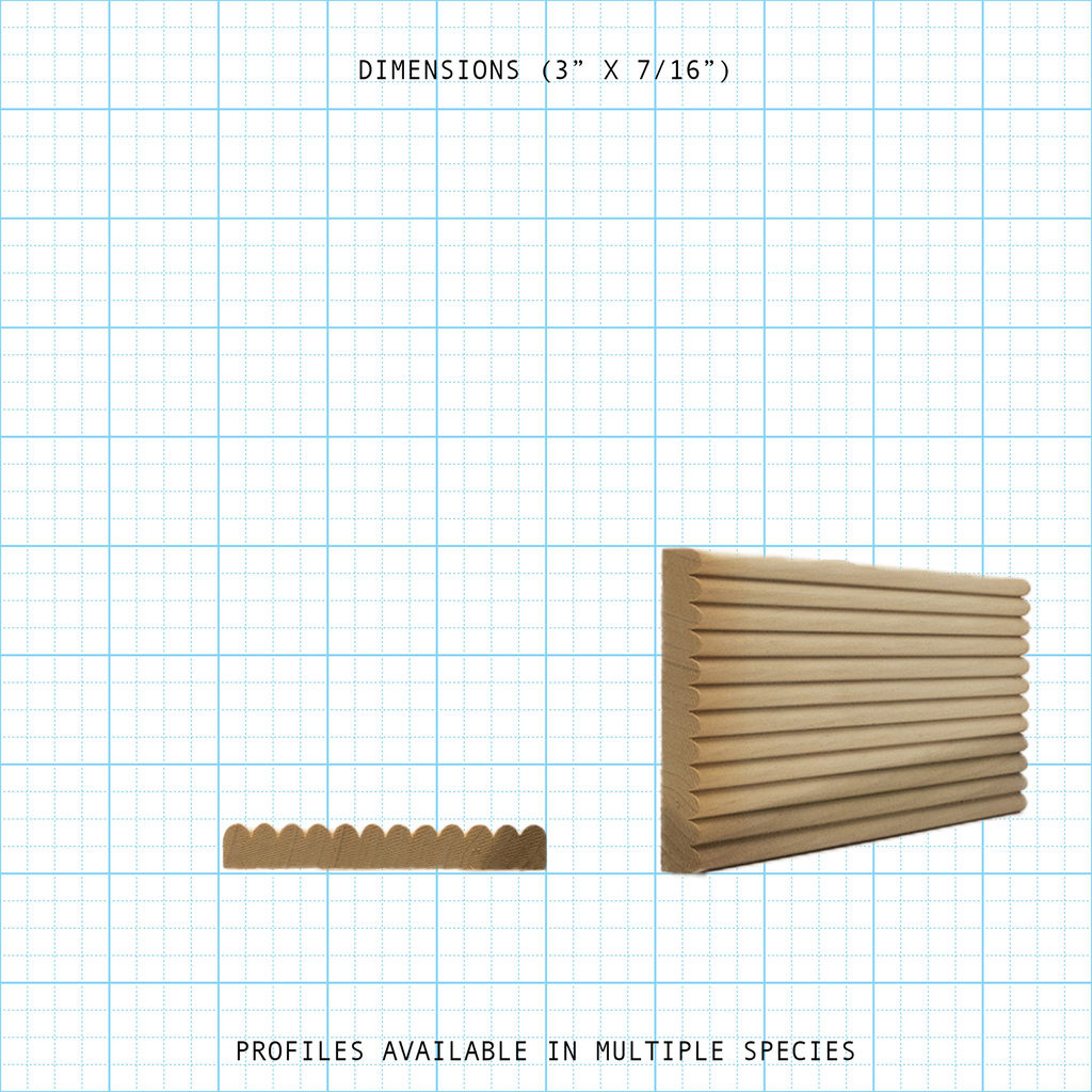 Wood bead cove molding profile, 3" x 7/16" dimensions, available in multiple species.