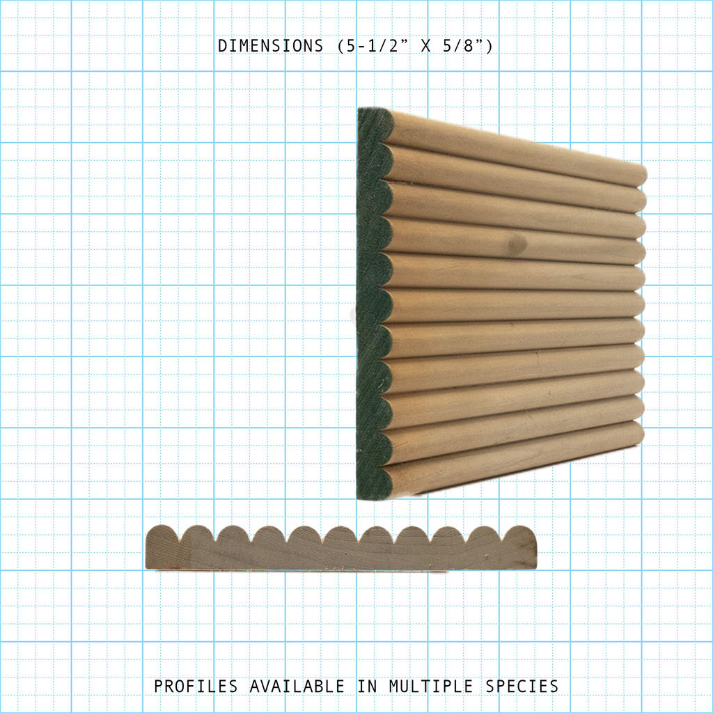 Bead cove wooden moulding with a scalloped profile, 5-1/2" x 5/8" dimensions.