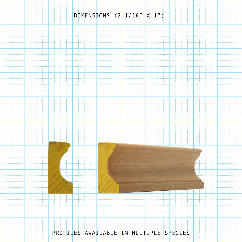 Bead cove wood molding profile (2-1/16" x 1"), available in multiple species.