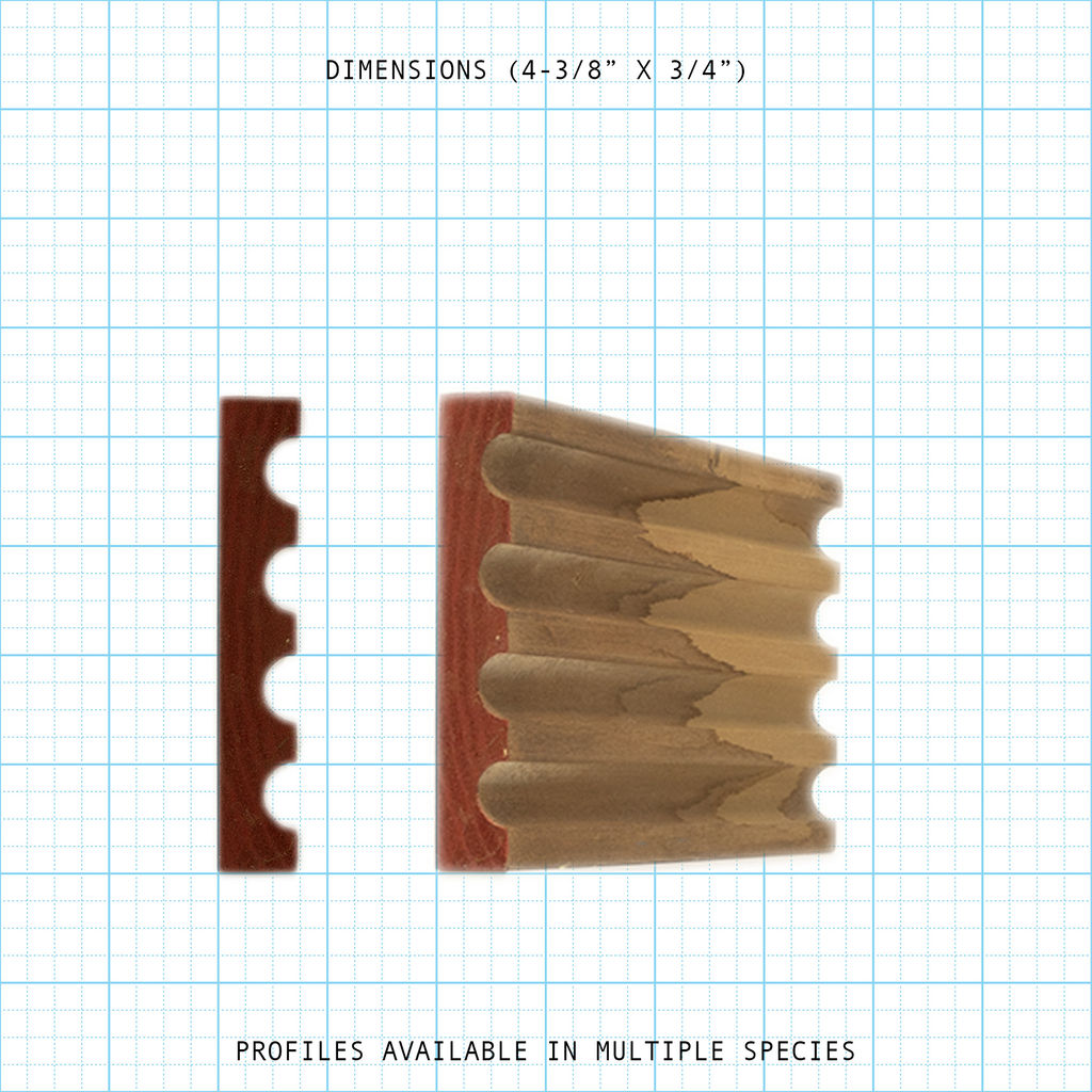 Bead cove molding profile, dimensions 4-3/8" x 3/4", available in multiple species.