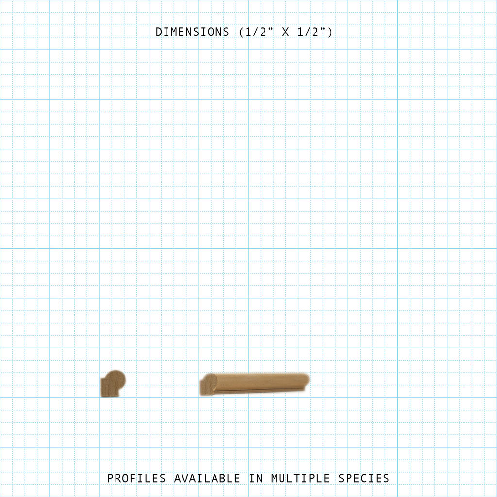 Detailed view of 1/2" x 1/2" wood bead cove molding profile and length on grid.