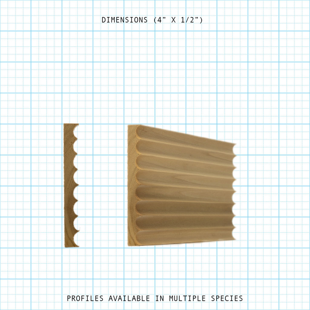 Wood molding profile showing a bead cove design, 4" x 1/2" dimensions. Available in multiple species.