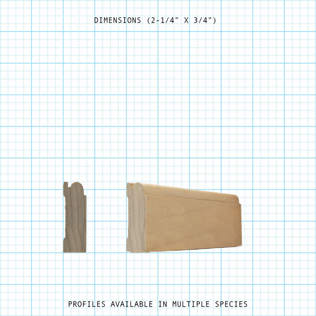 Casing wood molding profile diagram, 2-1/4" x 3/4" dimensions.