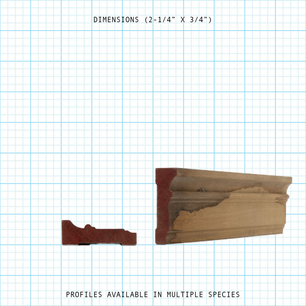 Casing wood molding profile diagram, 2-1/4" x 3/4" dimensions.