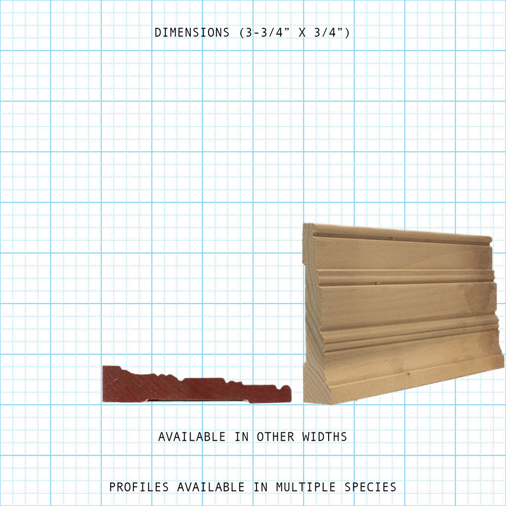 Architectural wood casings with 3-3/4" x 3/4" profile, available in multiple species and widths.