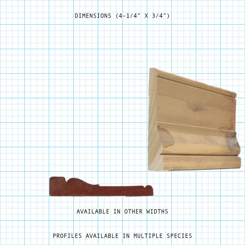 Profile and dimensions (4-1/4" x 3/4") for wooden casings, with cross-section view.
