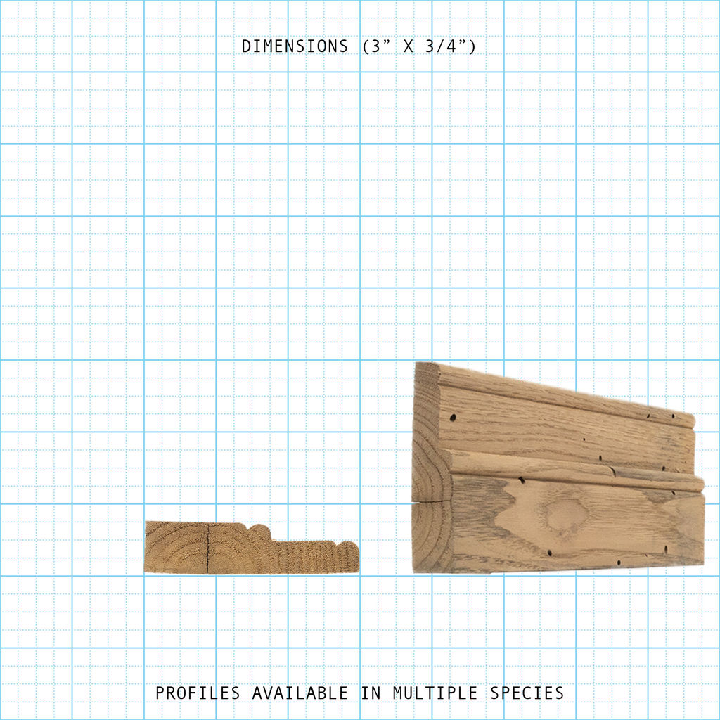 Wood casings profile and front view with 3" x 3/4" dimensions, available in multiple species.
