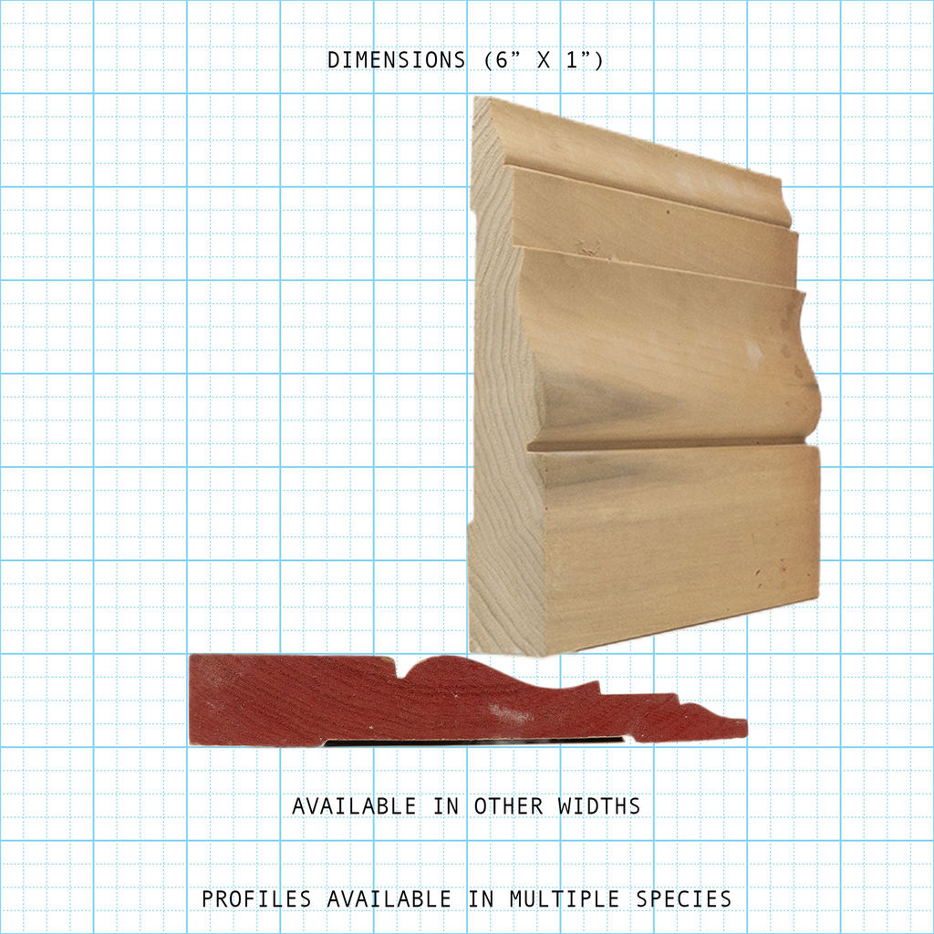Casing wood molding profile diagram, 6" x 1" dimensions.