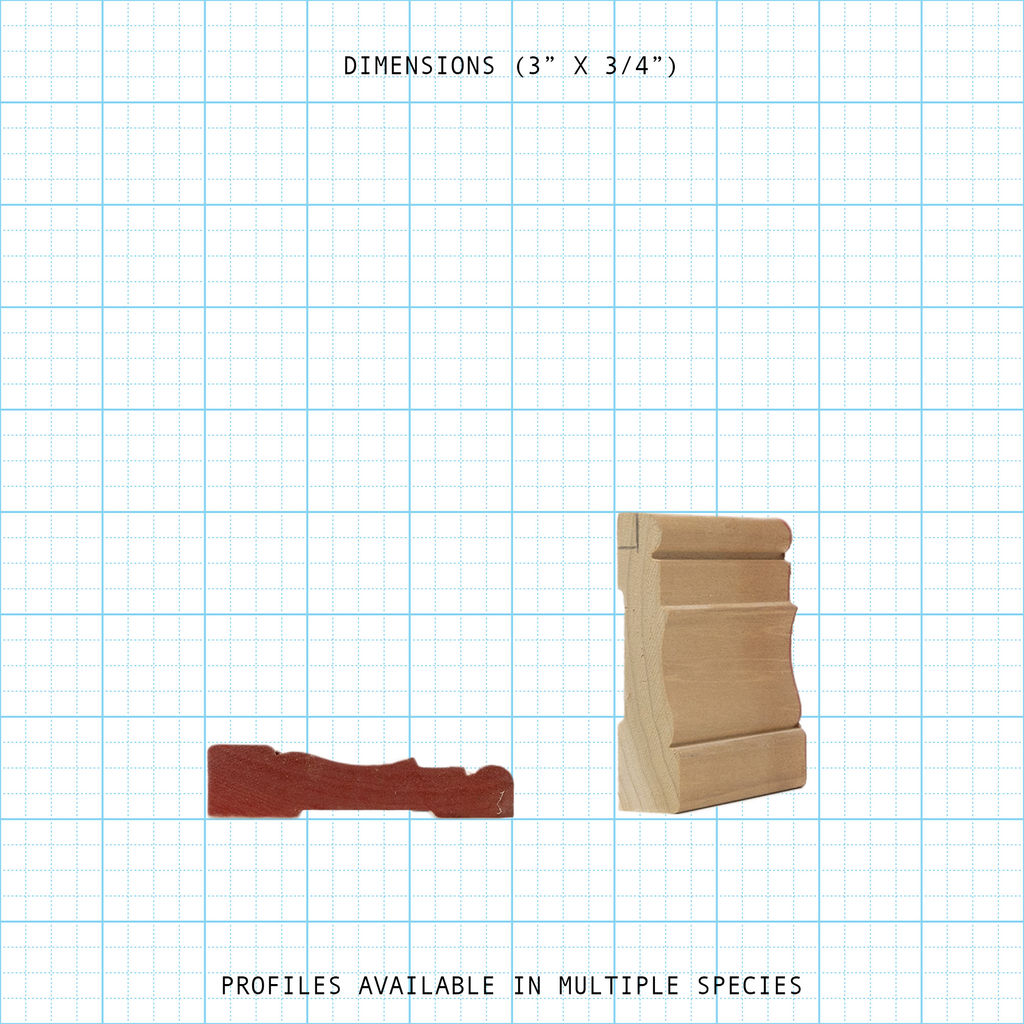 Casing wood molding profile diagram, 3" x 3/4" dimensions.
