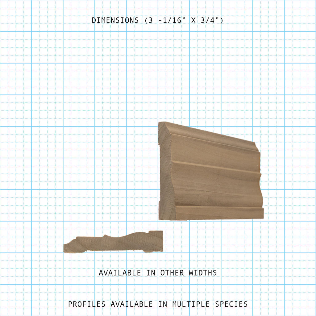 Casing wood molding profile diagram, 3-1/16" x 3/4" dimensions.