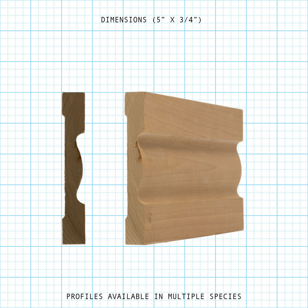 Casing wood molding profile diagram, 5" x 3/4" dimensions.