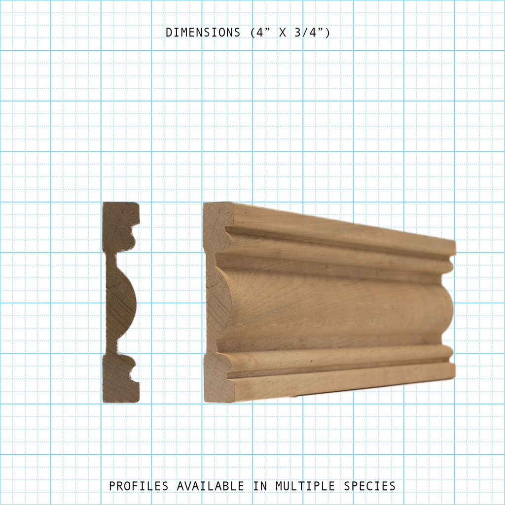 Casing wood molding profile diagram, 4" x 3/4" dimensions.