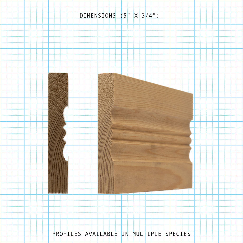 Casing wood molding profile diagram, 5" x 3/4" dimensions.