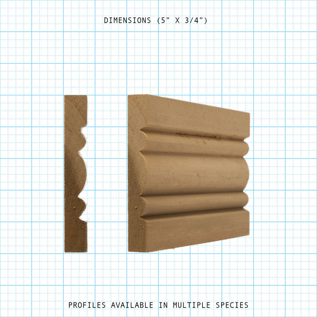 Casing wood molding profile diagram, 5" x 3/4" dimensions.