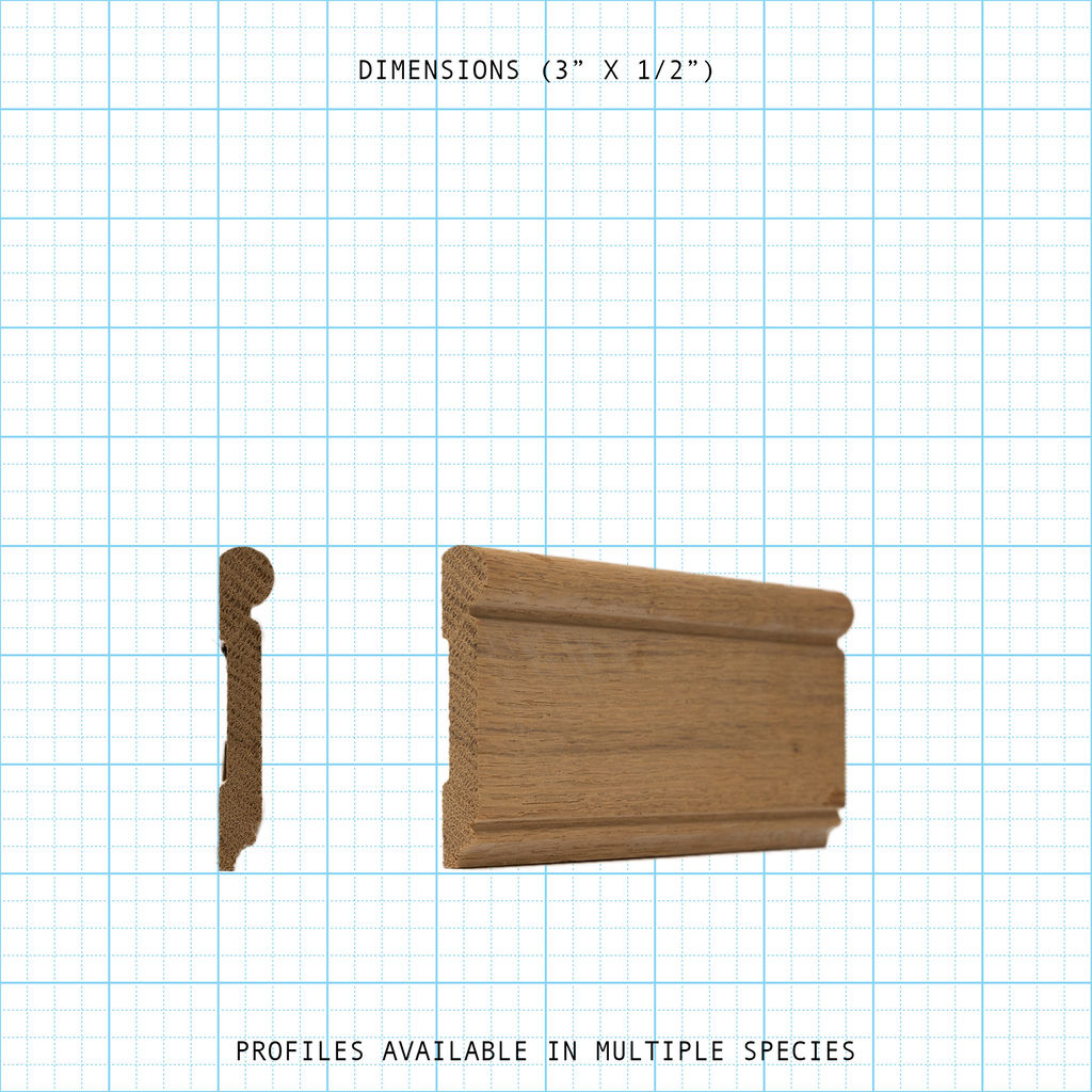 Casing wood molding profile diagram, 3" x 1/2" dimensions.