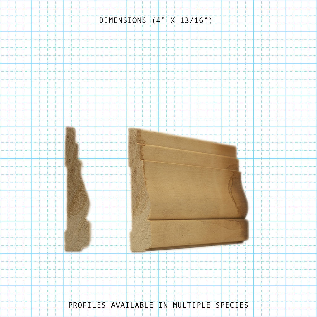 Casing wood molding profile diagram, 4" x 13/16" dimensions.