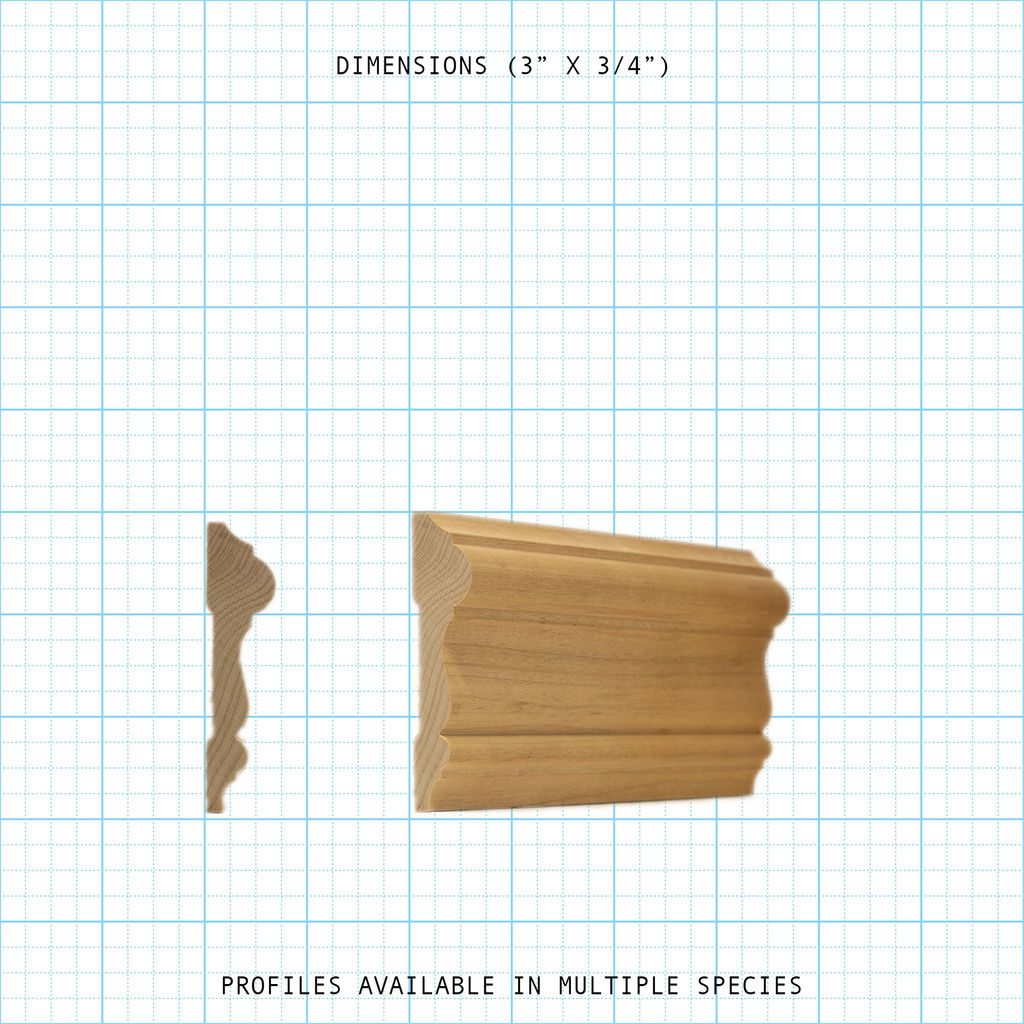 Casing wood molding profile diagram, 3" x 3/4" dimensions.