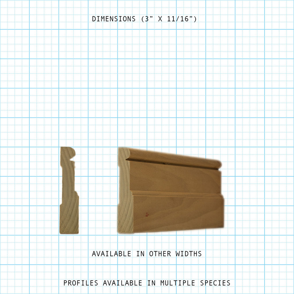 Casing wood molding profile diagram, 3" x 11/16" dimensions.