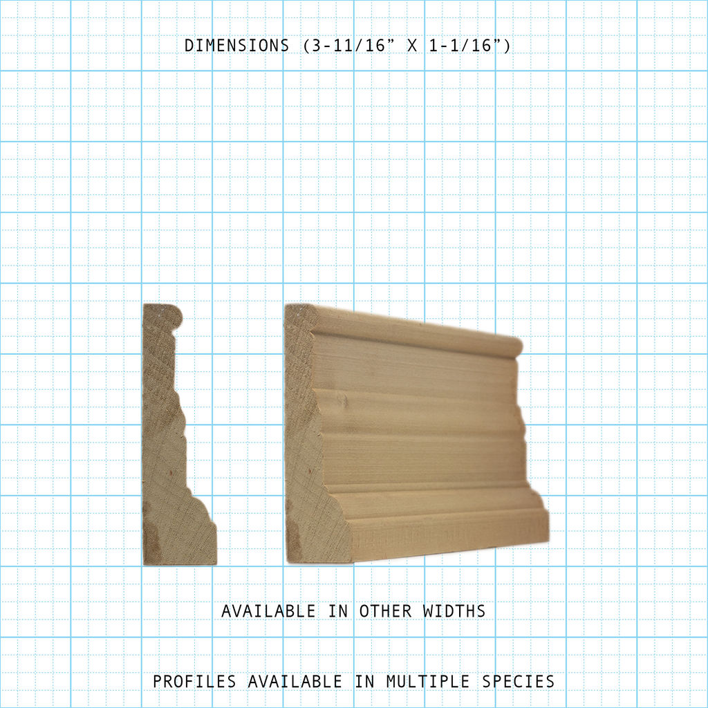 Casing wood molding profile diagram, 3-11/16" x 1-1/16" dimensions.