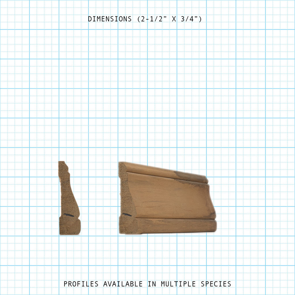 Casing wood molding profile diagram, 2-1/2" x 3/4" dimensions.