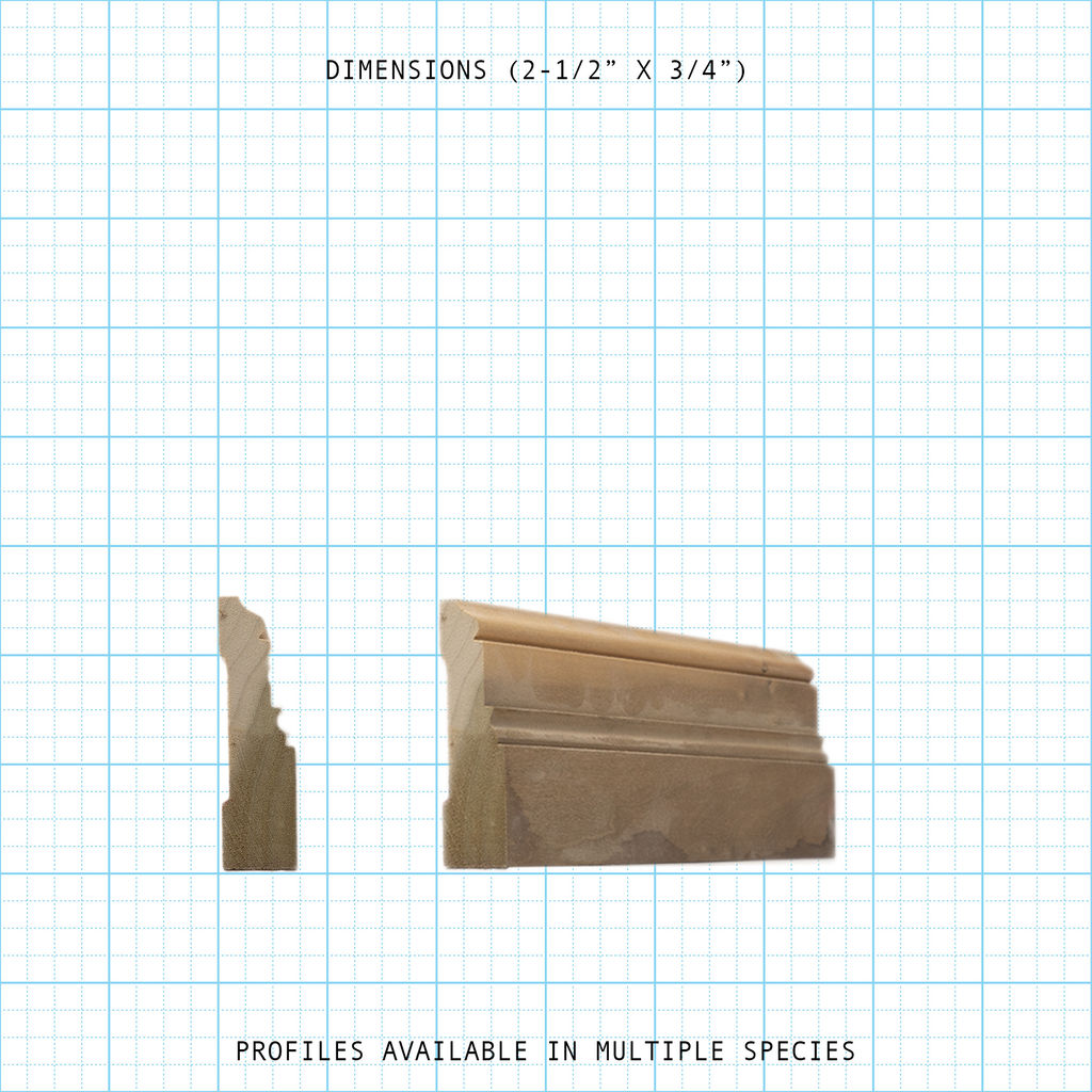 Casing wood molding profile diagram, 2-1/2" x 3/4" dimensions.