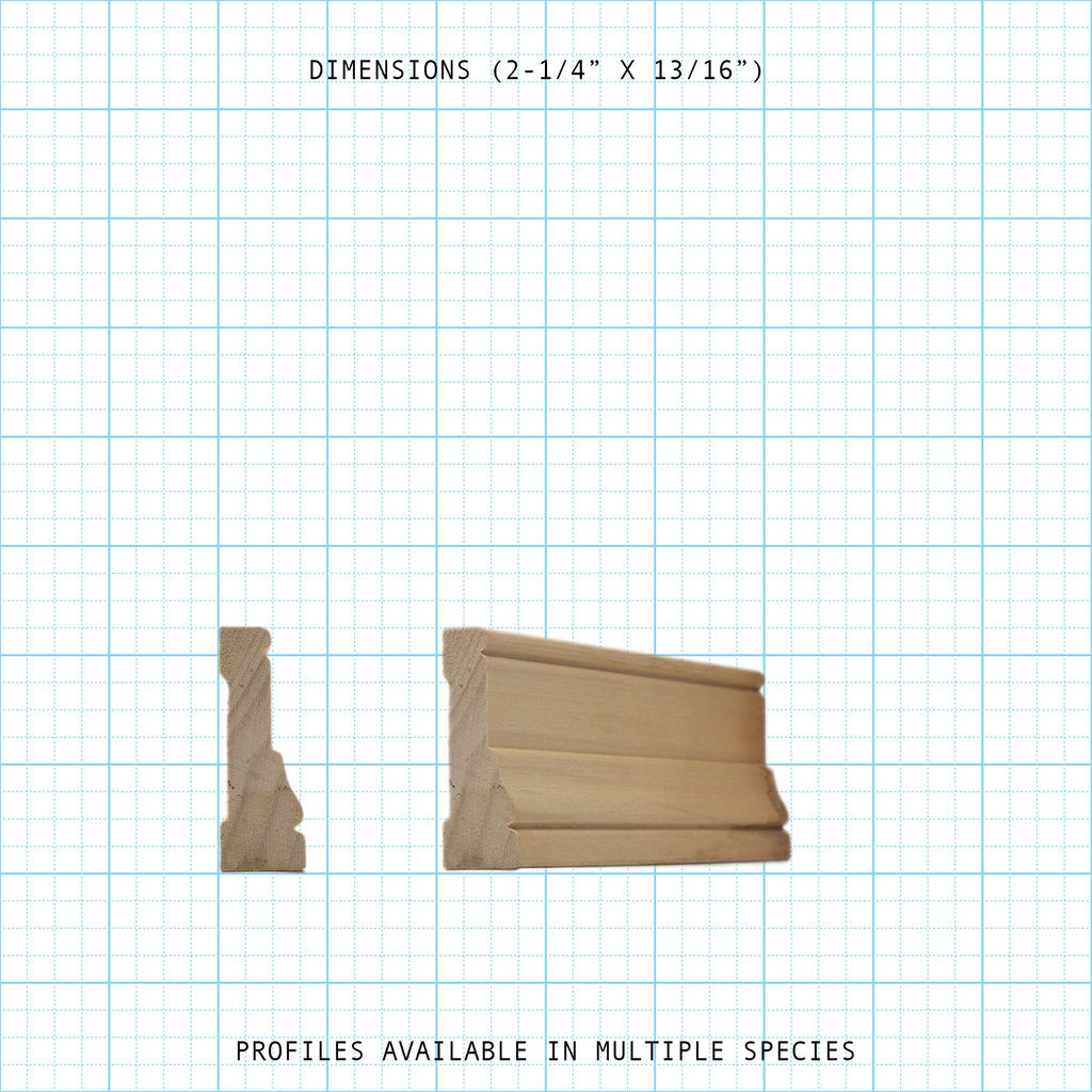 Casing wood molding profile diagram, 2-1/4" x 13/16" dimensions.