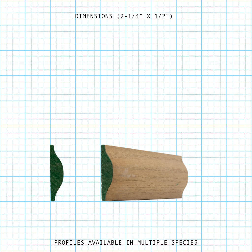 Chair rail wood molding profile diagram, 2-1/4" x 1/2" dimensions.