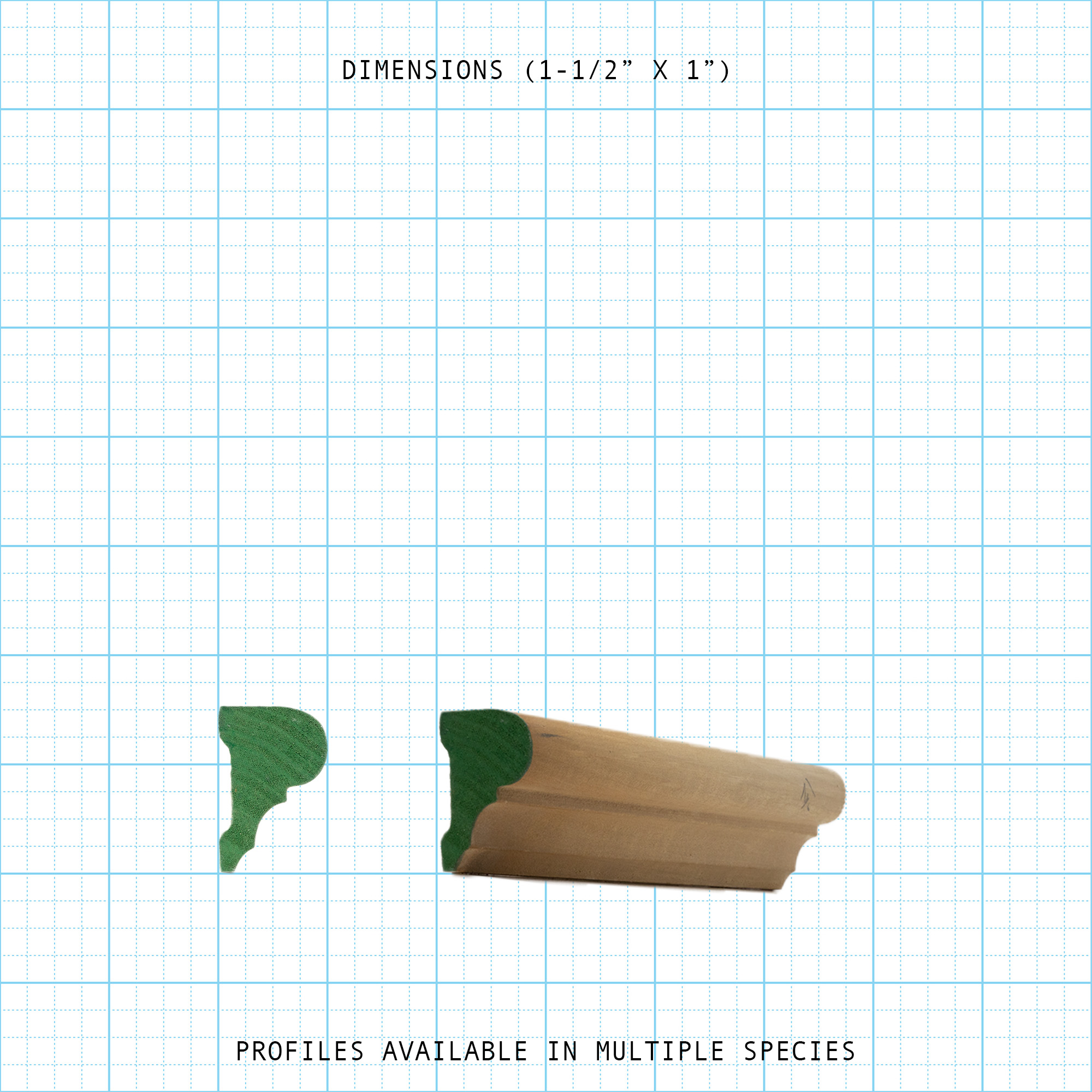 Chair rail wood molding profile diagram, 1-1/2" x 1" dimensions.