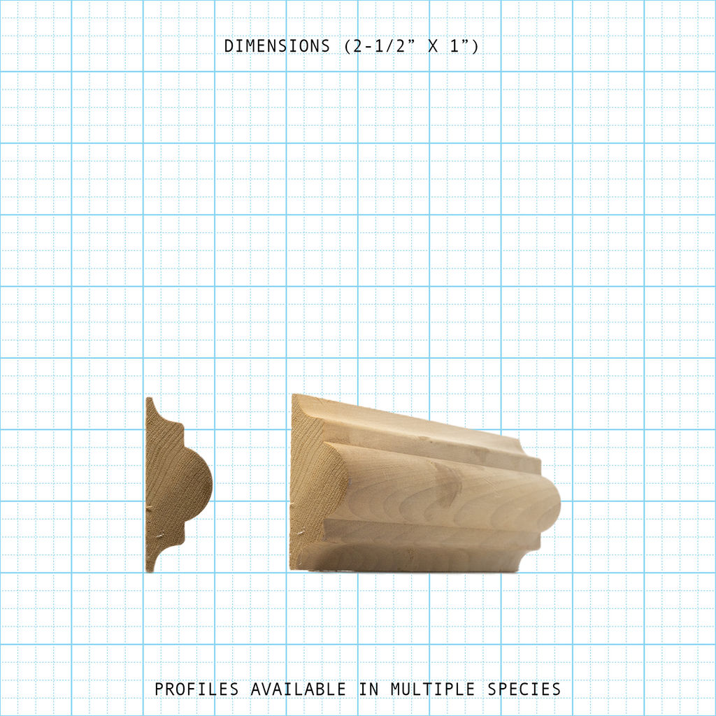 Chair rail wood molding profile diagram, 2-1/2" x 1" dimensions.