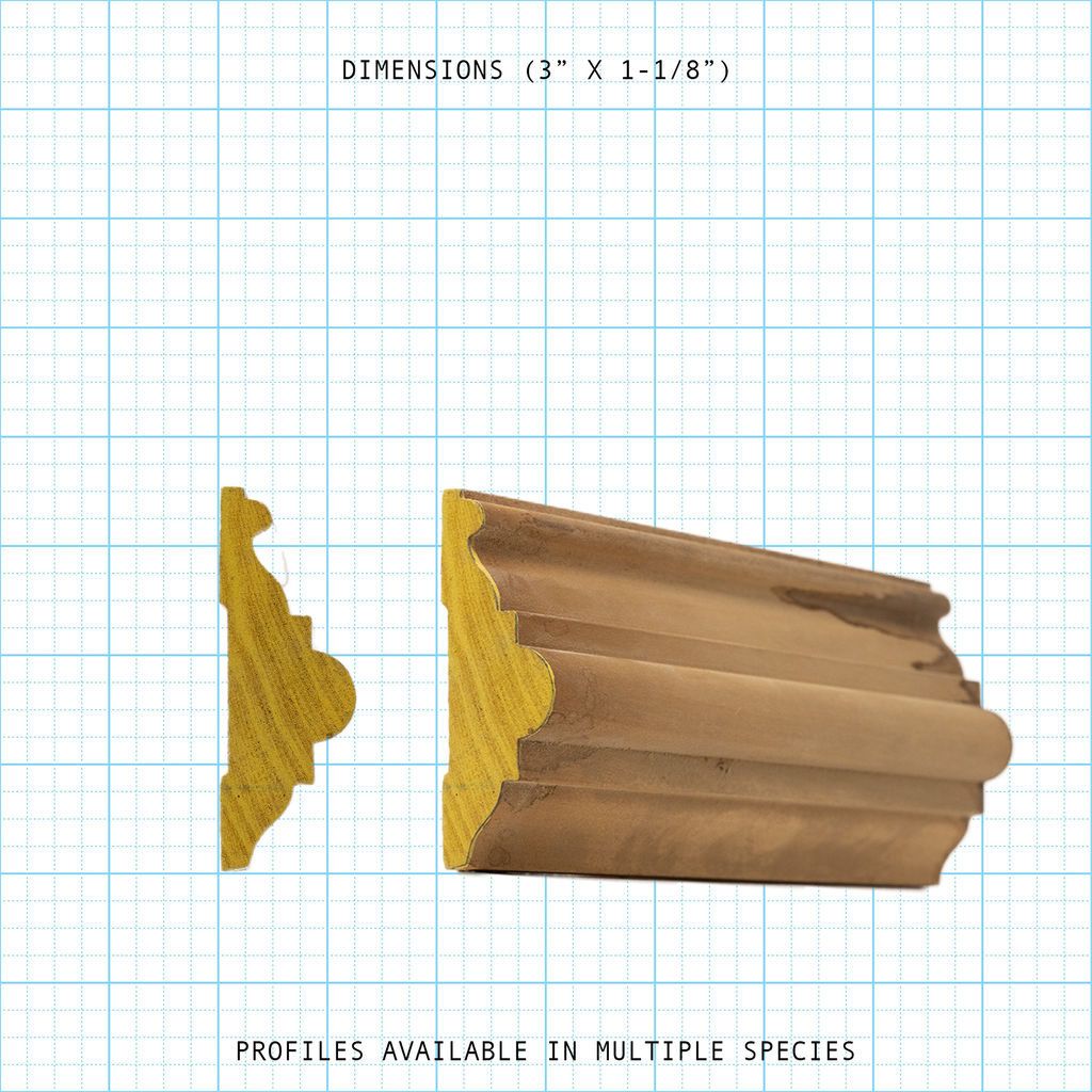 Chair rail wood molding profile diagram, 3" x 1-1/8" dimensions.