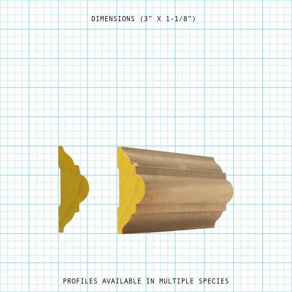 Chair rail wood molding profile diagram, 3" x 1-1/8" dimensions.